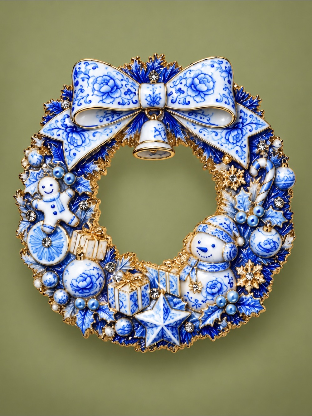 Blue Chinoiserie Christmas Wreath Gold Brooch